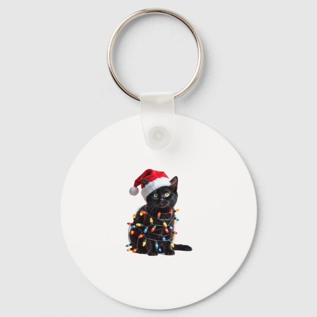 Cute Black Cat Santa Christmas Lights Meow Kitty K Key Ring (Front)