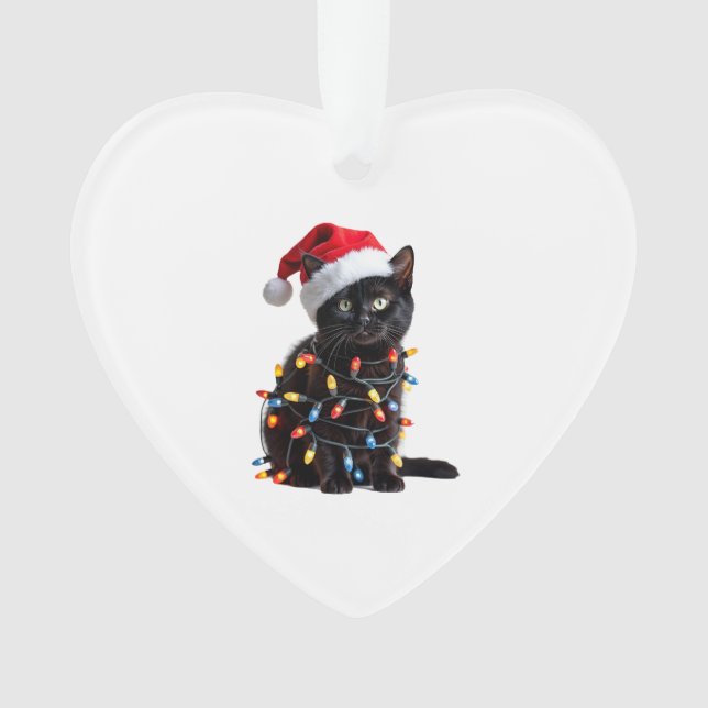 Cute Black Cat Santa Christmas Lights Meow Kitty K Ornament (Front)