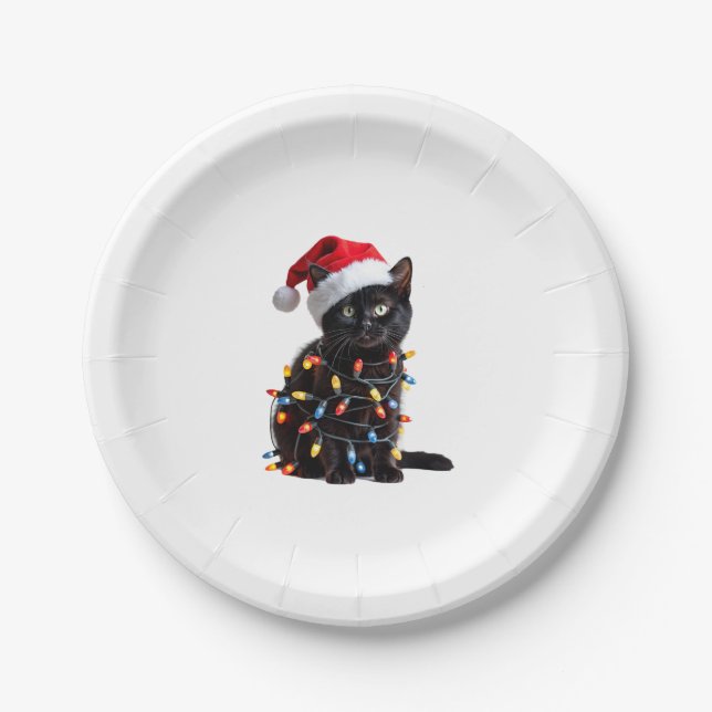 Cute Black Cat Santa Christmas Lights Meow Kitty K Paper Plate (Front)