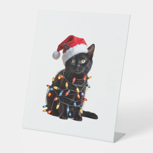 Cute Black Cat Santa Christmas Lights Meow Kitty K Pedestal Sign (Front)