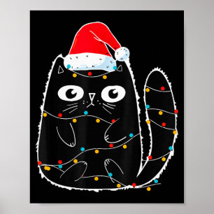 Cute Black Cat Santa Christmas Lights Meow Kitty K Poster