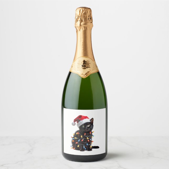 Cute Black Cat Santa Christmas Lights Meow Kitty K Sparkling Wine Label (Front)