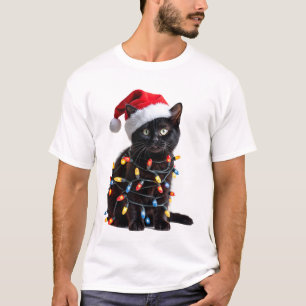 Cute Black Cat Santa Christmas Lights Meow Kitty K T-Shirt