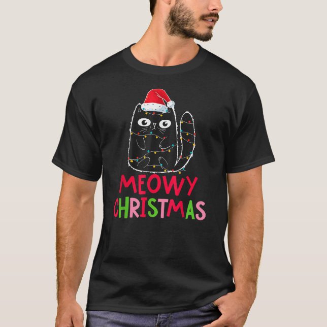 Cute Black Cat Santa Christmas Lights Meow Kitty K T-Shirt (Front)
