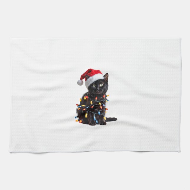 Cute Black Cat Santa Christmas Lights Meow Kitty K Tea Towel (Horizontal)