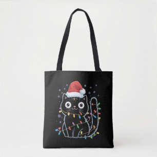 Cute Black Cat Santa Christmas Lights Meow Kitty Tote Bag