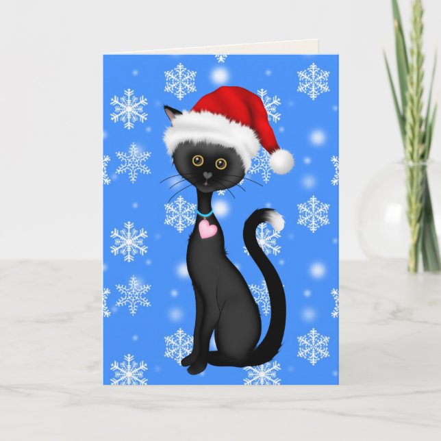 Cute Black Cat, Santa Hat and Snowflakes Christmas Holiday Card (Front)