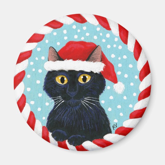 Cute black cat, Santa hat, Christmas winter snow Magnet (Front)