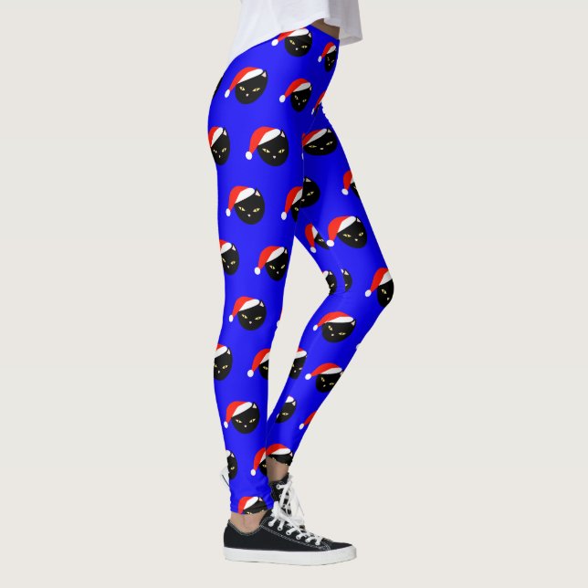 Cute Black Cat Santa Royal Blue Ugly Christmas Leggings (Right)