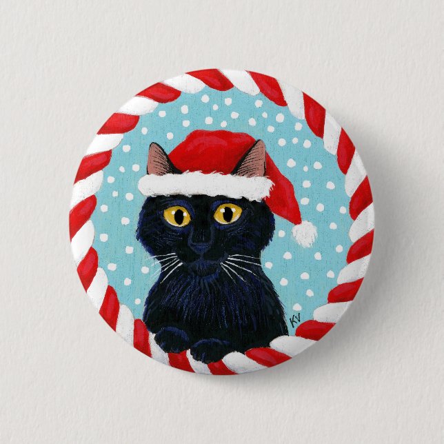 Cute black cat, Santa winter Christmas snow button (Front)