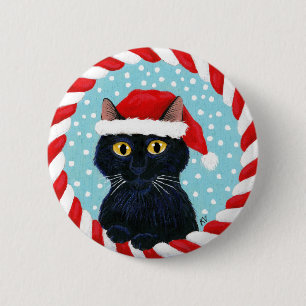 Cute black cat, Santa winter Christmas snow button