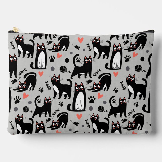 Cute Black Cat Seamless Pattern On A Light Grey Accessory Pouch (Front)