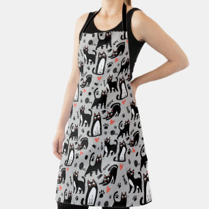 Cute Black Cat Seamless Pattern On A Light Grey Apron