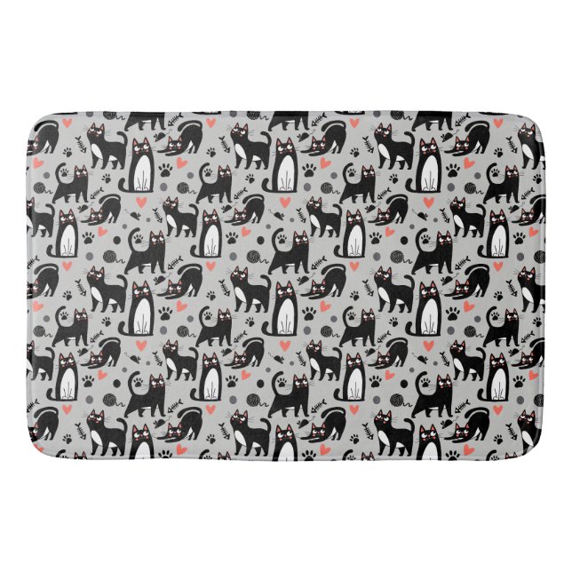 Cute Black Cat Seamless Pattern On A Light Grey Bath Mat (Front)
