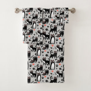 Cute Black Cat Seamless Pattern On A Light Grey Bath Towel Set