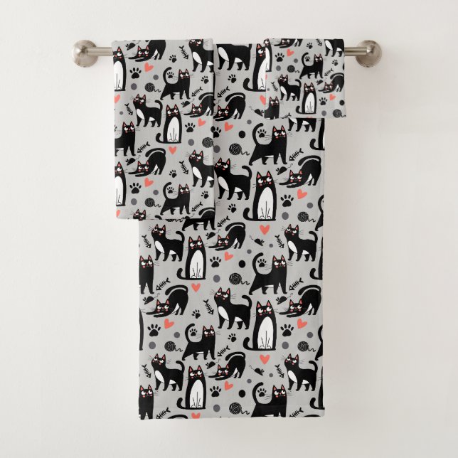 Cute Black Cat Seamless Pattern On A Light Grey Bath Towel Set (Insitu)