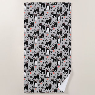 Cute Black Cat Seamless Pattern On A Light Grey Beach Towel