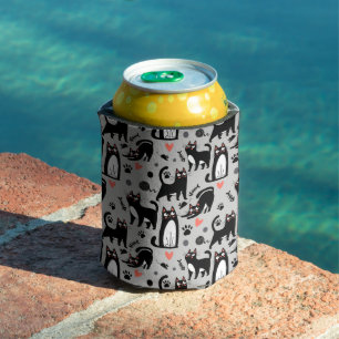 Cute Black Cat Seamless Pattern On A Light Grey Can Cooler
