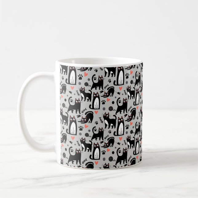 Cute Black Cat Seamless Pattern On A Light Grey Coffee Mug (Left)