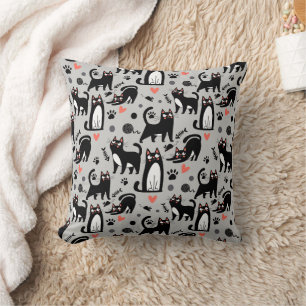 Cute Black Cat Seamless Pattern On A Light Grey Cushion