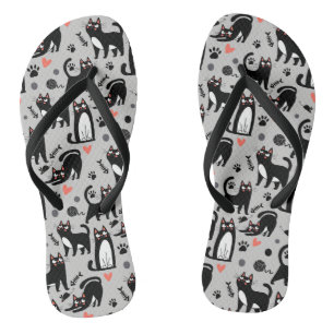 Cute Black Cat Seamless Pattern On A Light Grey Flip Flops