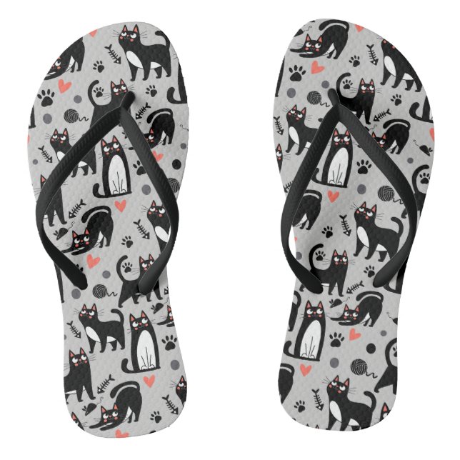 Cute Black Cat Seamless Pattern On A Light Grey Flip Flops (Footbed)