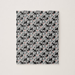 Cute Black Cat Seamless Pattern On A Light Grey Jigsaw Puzzle