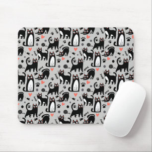 Cute Black Cat Seamless Pattern On A Light Grey Mouse Mat