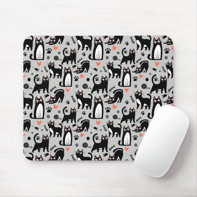 Cute Black Cat Seamless Pattern On A Light Grey Mouse Mat (With Mouse)