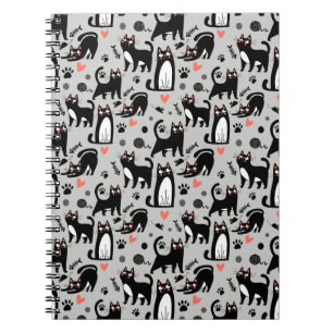 Cute Black Cat Seamless Pattern On A Light Grey Notebook