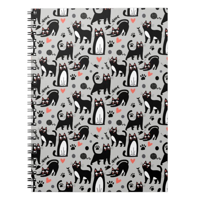 Cute Black Cat Seamless Pattern On A Light Grey Notebook (Front)