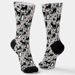 Cute Black Cat Seamless Pattern On A Light Grey Socks