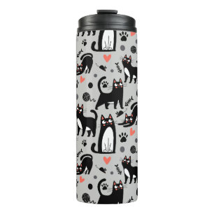 Cute Black Cat Seamless Pattern On A Light Grey Thermal Tumbler