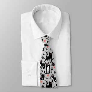 Cute Black Cat Seamless Pattern On A Light Grey Tie