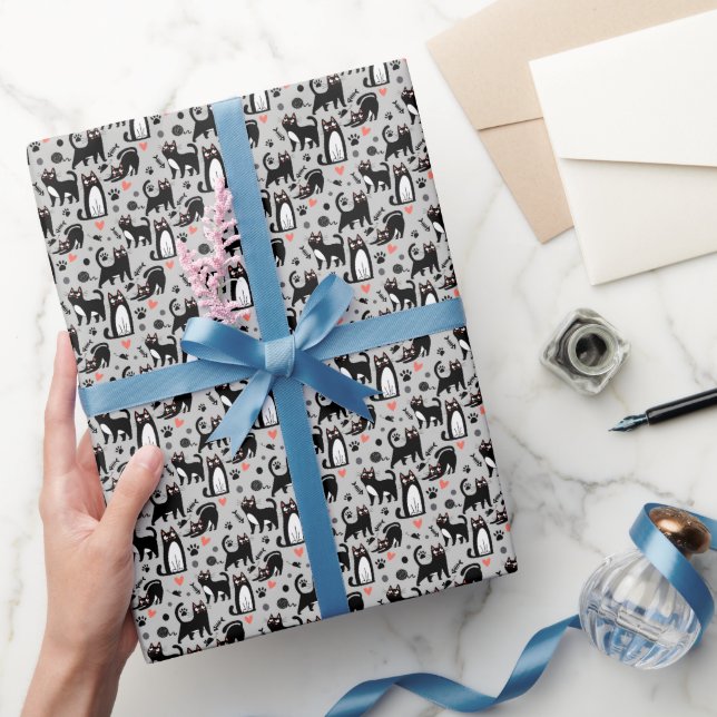 Cute Black Cat Seamless Pattern On A Light Grey Wrapping Paper (Gifting)