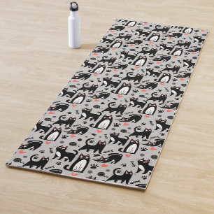 Cute Black Cat Seamless Pattern On A Light Grey Yoga Mat