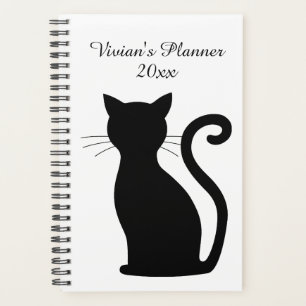 Cute Black Cat Silhouette Black and White Name Planner