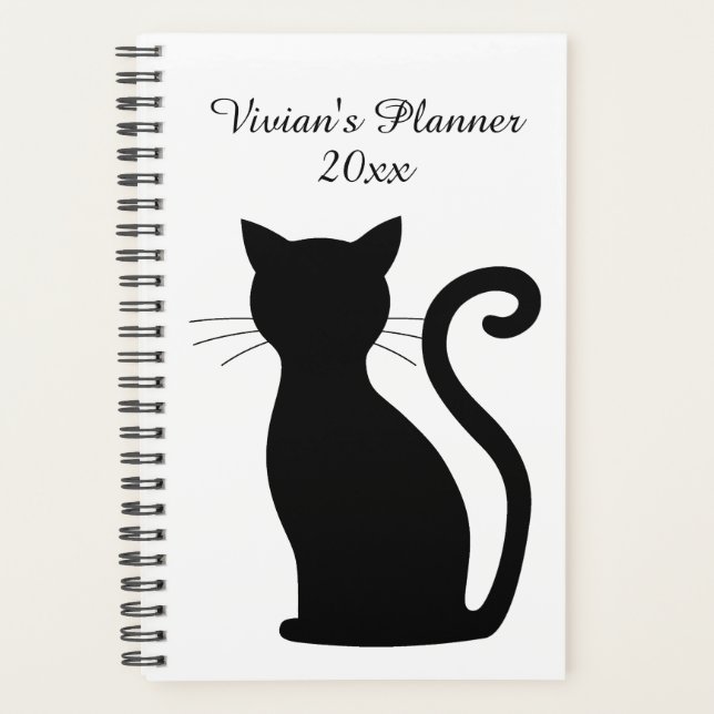 Cute Black Cat Silhouette Black and White Name Planner (Front)