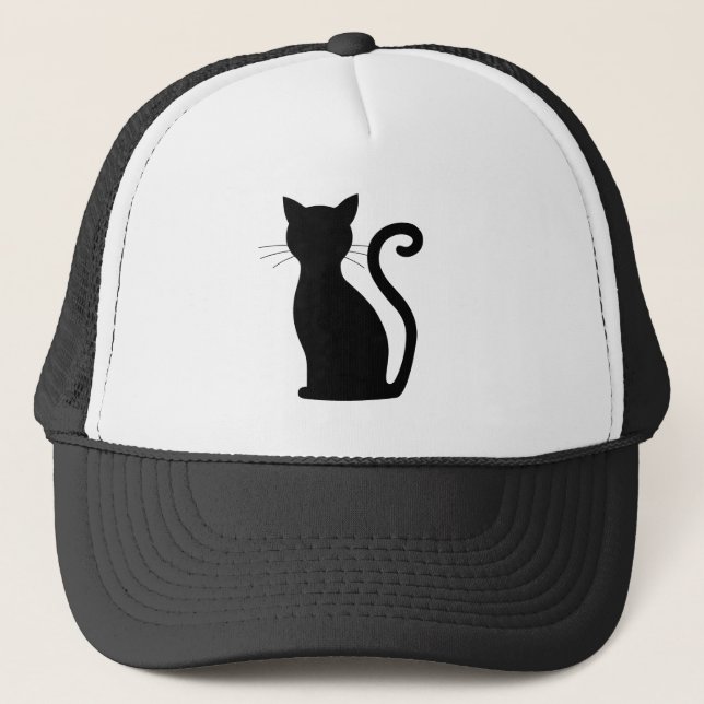 Cute Black Cat Silhouette Fun Black and White Trucker Hat (Front)