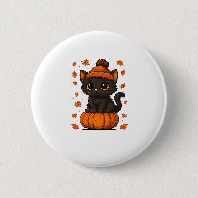 Cute Black Cat Sitting on Pumpkin Fall Aesthetic A 6 Cm Round Badge (Front)