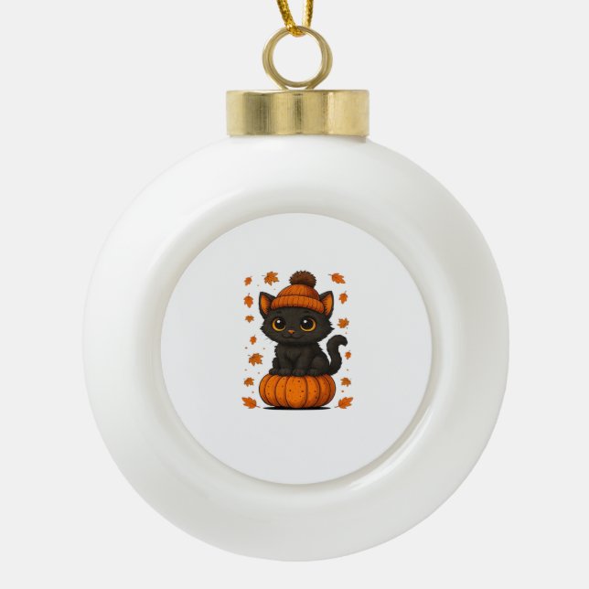 Cute Black Cat Sitting on Pumpkin Fall Aesthetic A Ceramic Ball Christmas Ornament (Front)