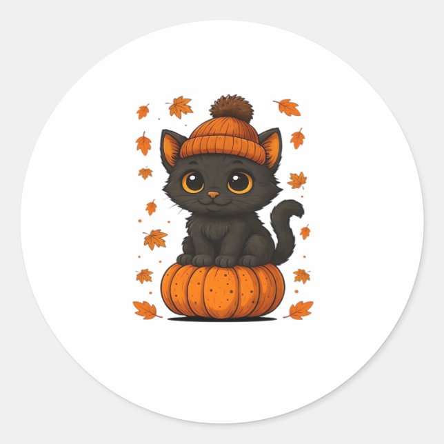 Cute Black Cat Sitting on Pumpkin Fall Aesthetic A Classic Round Sticker (Front)