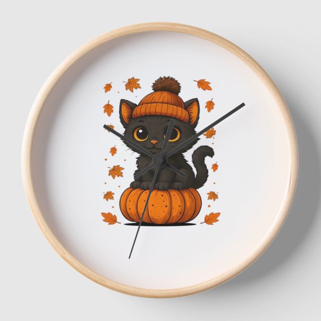 Cute Black Cat Sitting on Pumpkin Fall Aesthetic A Clock (Front)