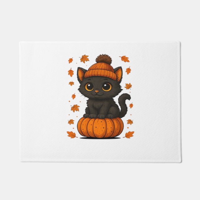 Cute Black Cat Sitting on Pumpkin Fall Aesthetic A Doormat (Front)