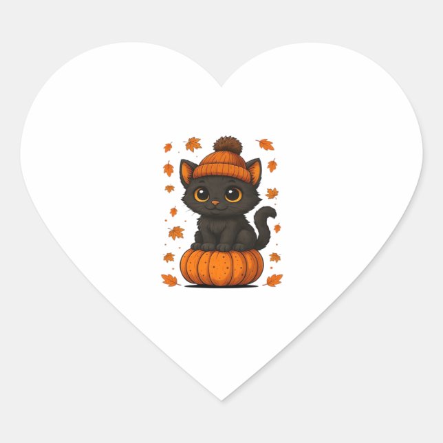 Cute Black Cat Sitting on Pumpkin Fall Aesthetic A Heart Sticker (Front)