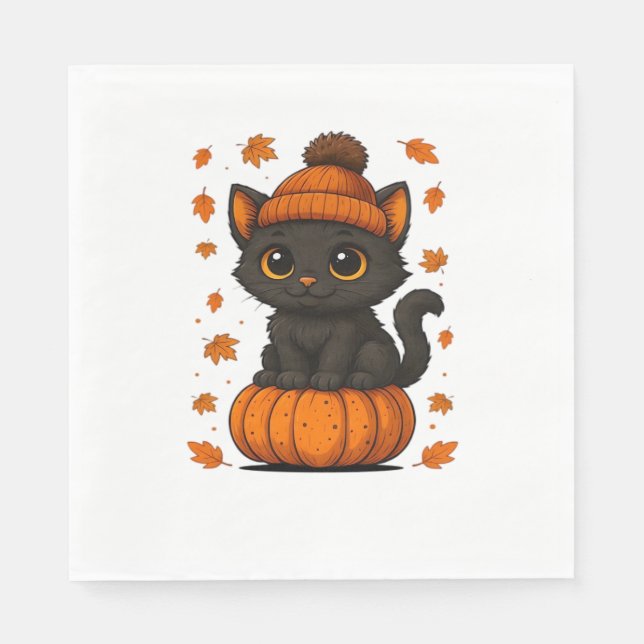 Cute Black Cat Sitting on Pumpkin Fall Aesthetic A Napkin (Front)