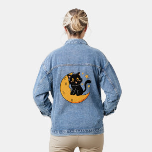 Cute black cat sitting on the moon denim jacket