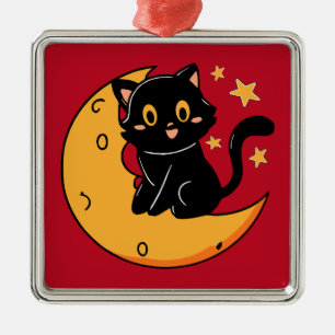 Cute black cat sitting on the moon metal tree decoration