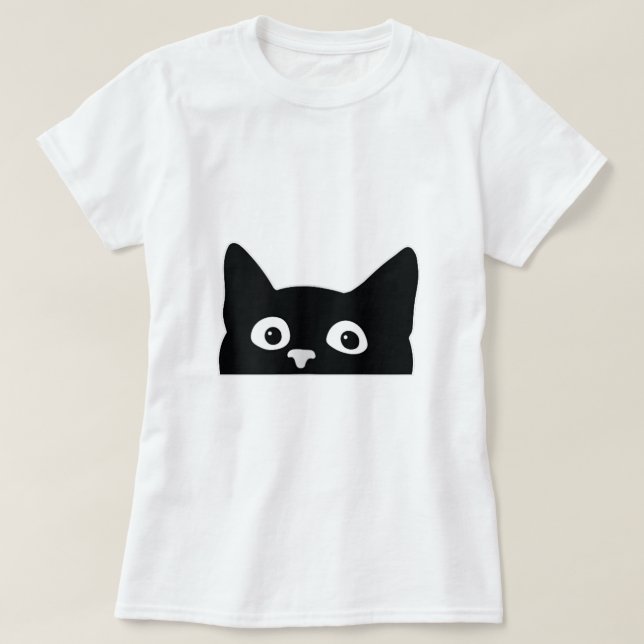 Cute Black Cat Spy Peeking Around the Corner Kitte T-Shirt (Design Front)