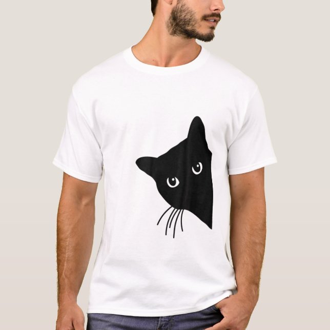 Cute Black Cat Spy Peeking Around The Corner Kitte T-Shirt (Front)